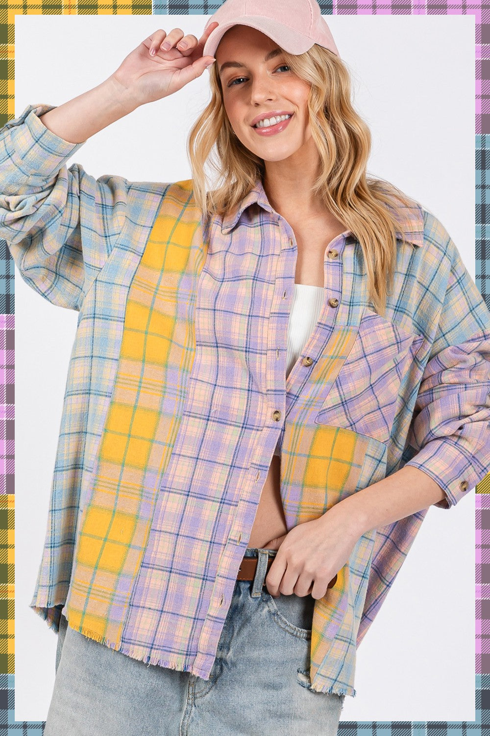 SAGE + FIG Button Up Raw Hem Plaid Flannel Shirt