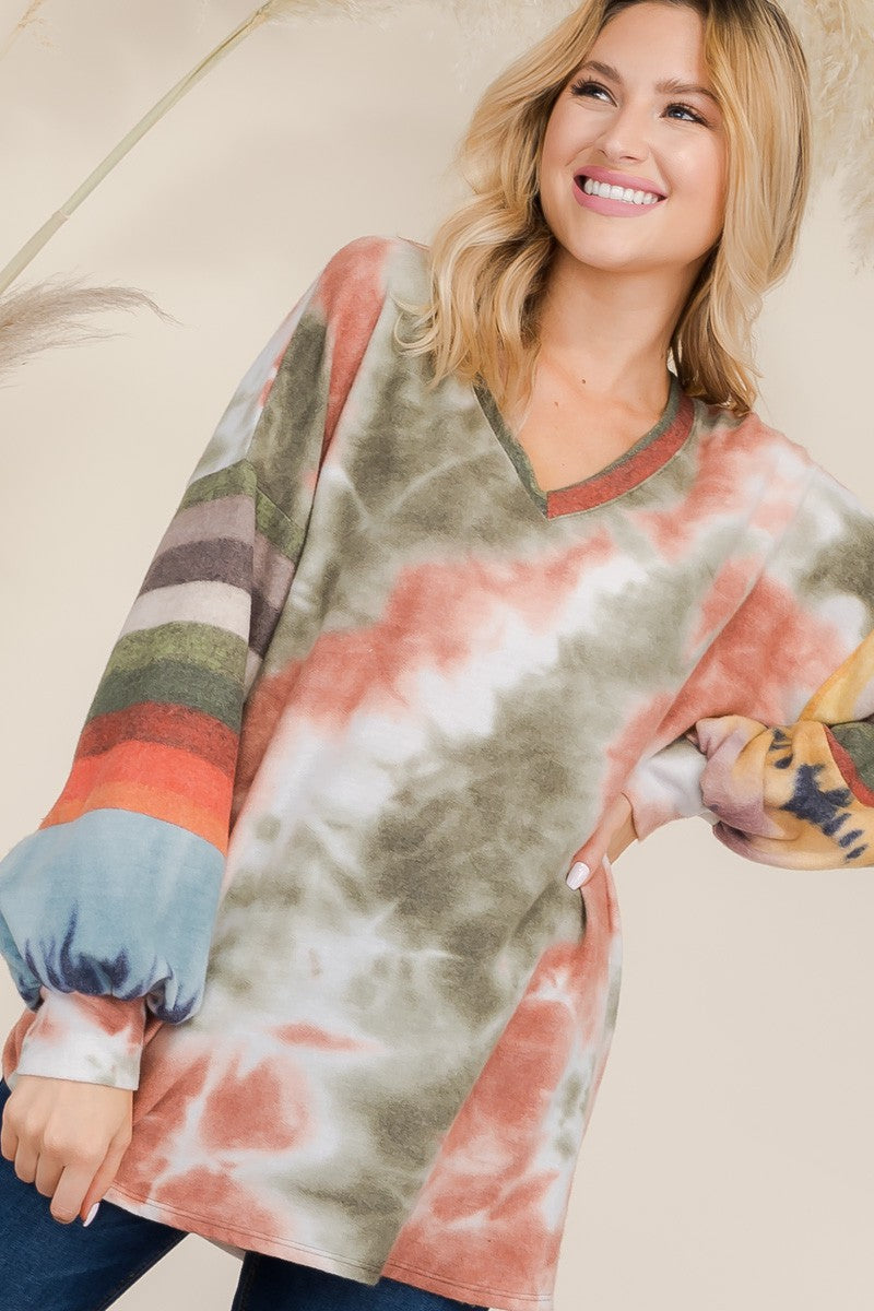 Celeste Tie-Dye Contrast Striped V-Neck Long Sleeve Blouse