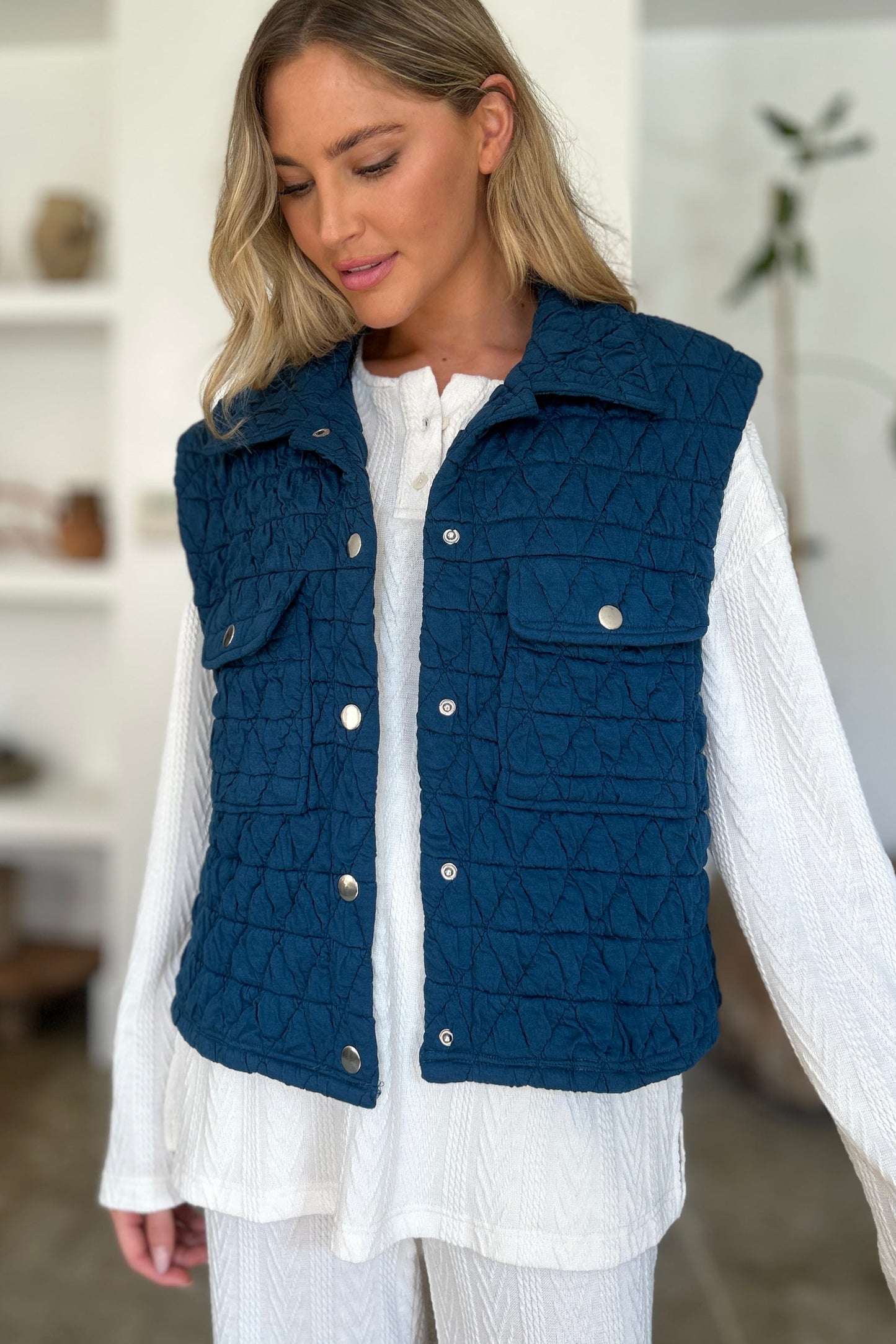 Double Take Pocketed Texture Snap Down Vest