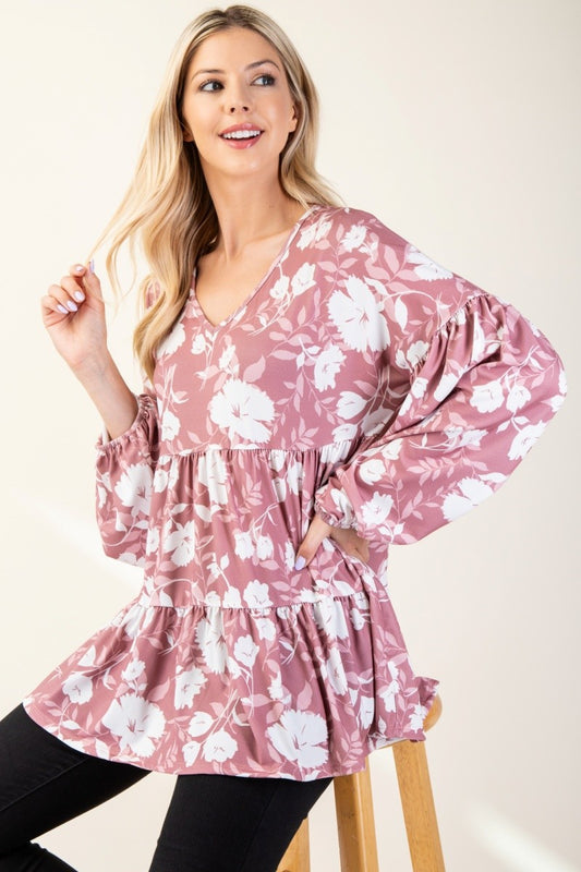 Celeste Tiered Floral V-Neck Long Sleeve Blouse