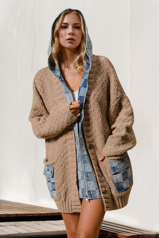 Double Take Hooded Denim Spliced Sweater Cardigan