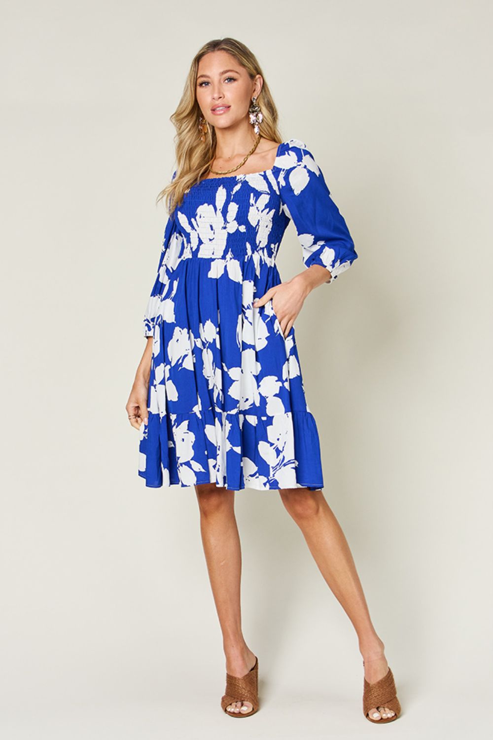 Double Take Floral Ruffle Hem Smocked Dress with Pockets