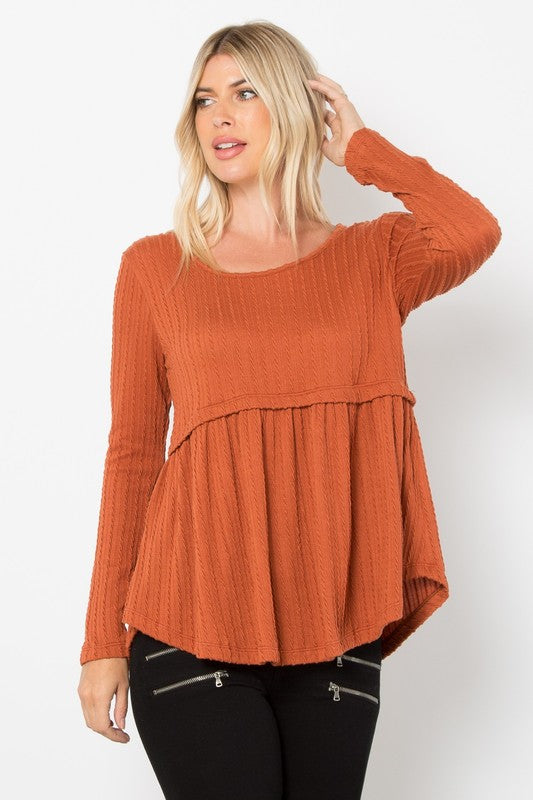 Be Stage Texture Babydoll Long Sleeve Knit Top