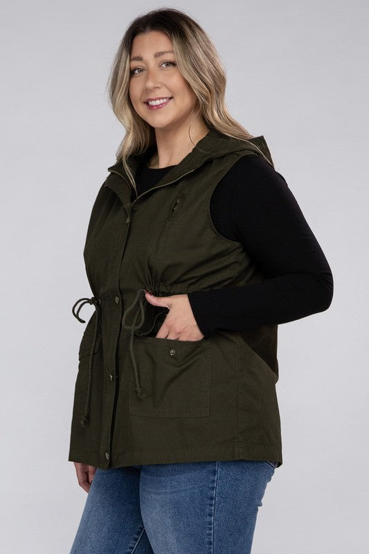 Plus Drawstring Waist Military Hoodie Vest