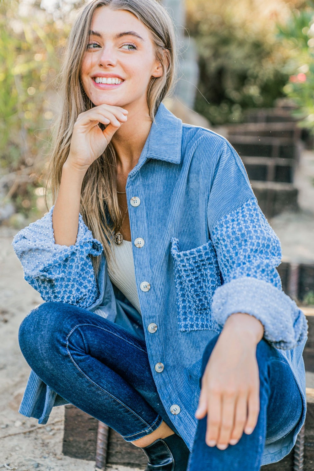 And The Why Button Down Corduroy Contrast Texture Shacket