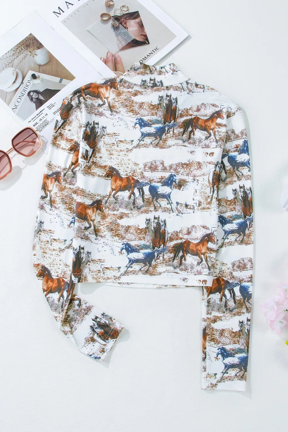 Cutout Horse Printed Mock Neck T-Shirt