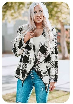 Plaid Waterfall Collar Open Front Jacket