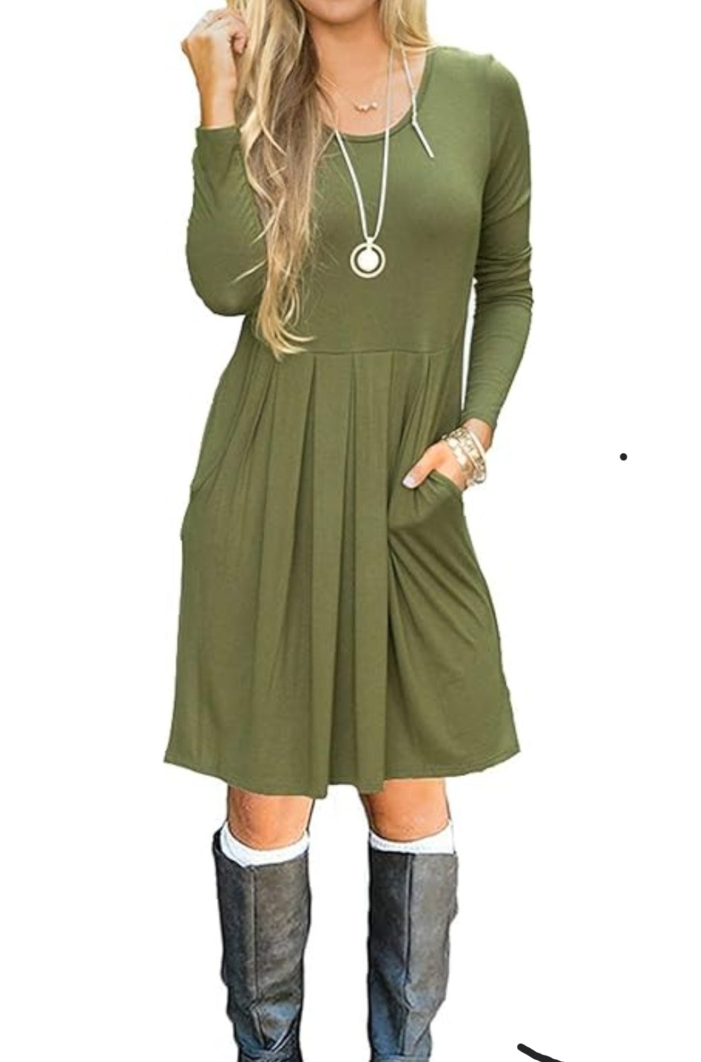 Army Green Pleated Dress with Pockets