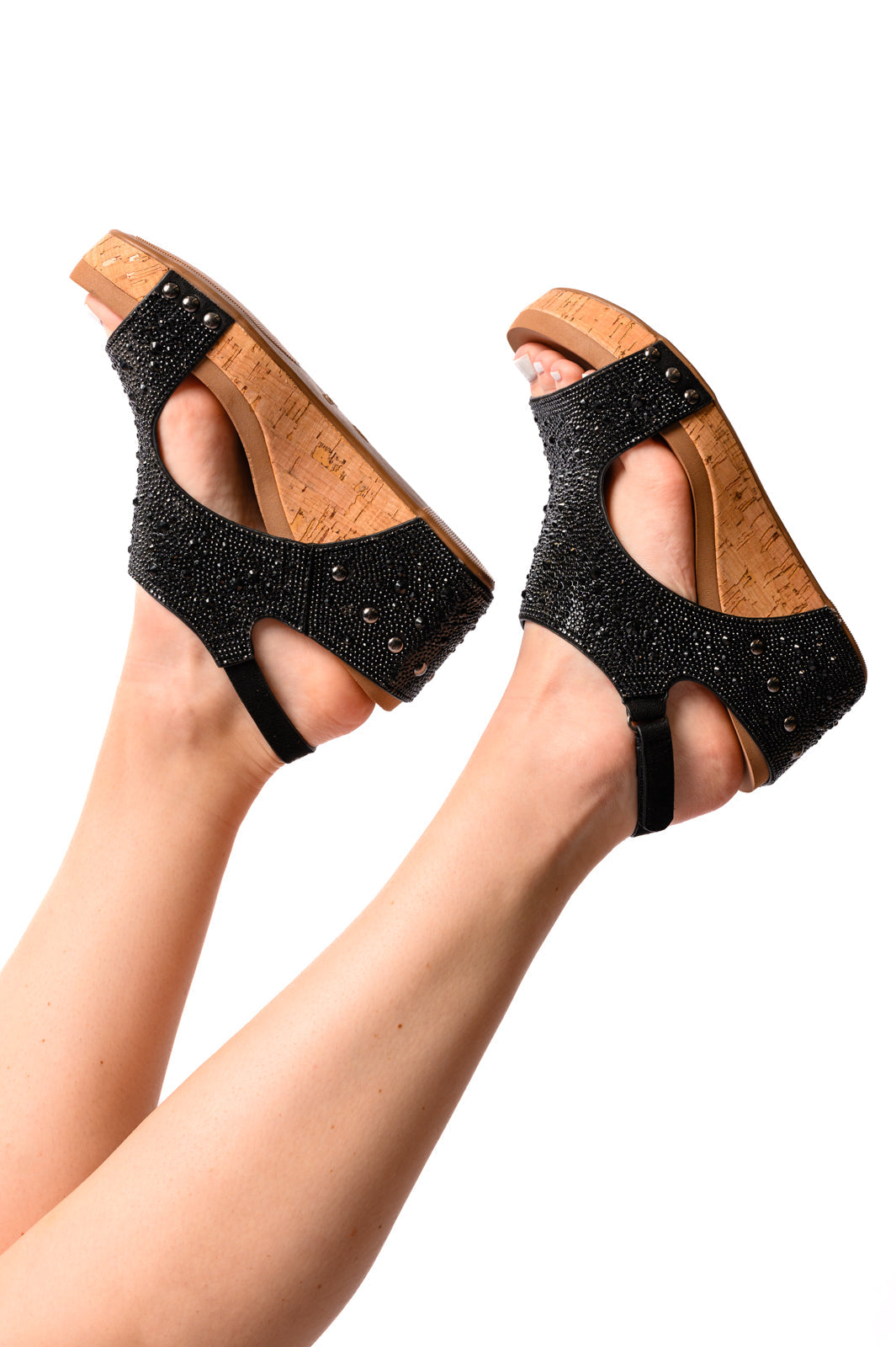 Ashley Wedge Sandals in Black Rhinestone-Corkys