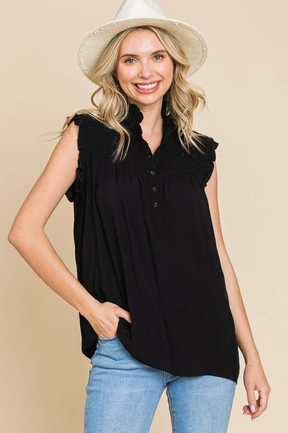 Culture Code Frill Edge Smocked Sleeveless Top