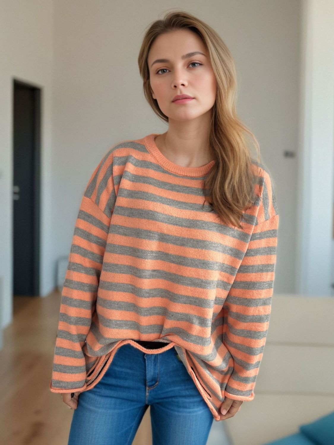 Distressed Striped Round Neck Long Sleeve Sweater