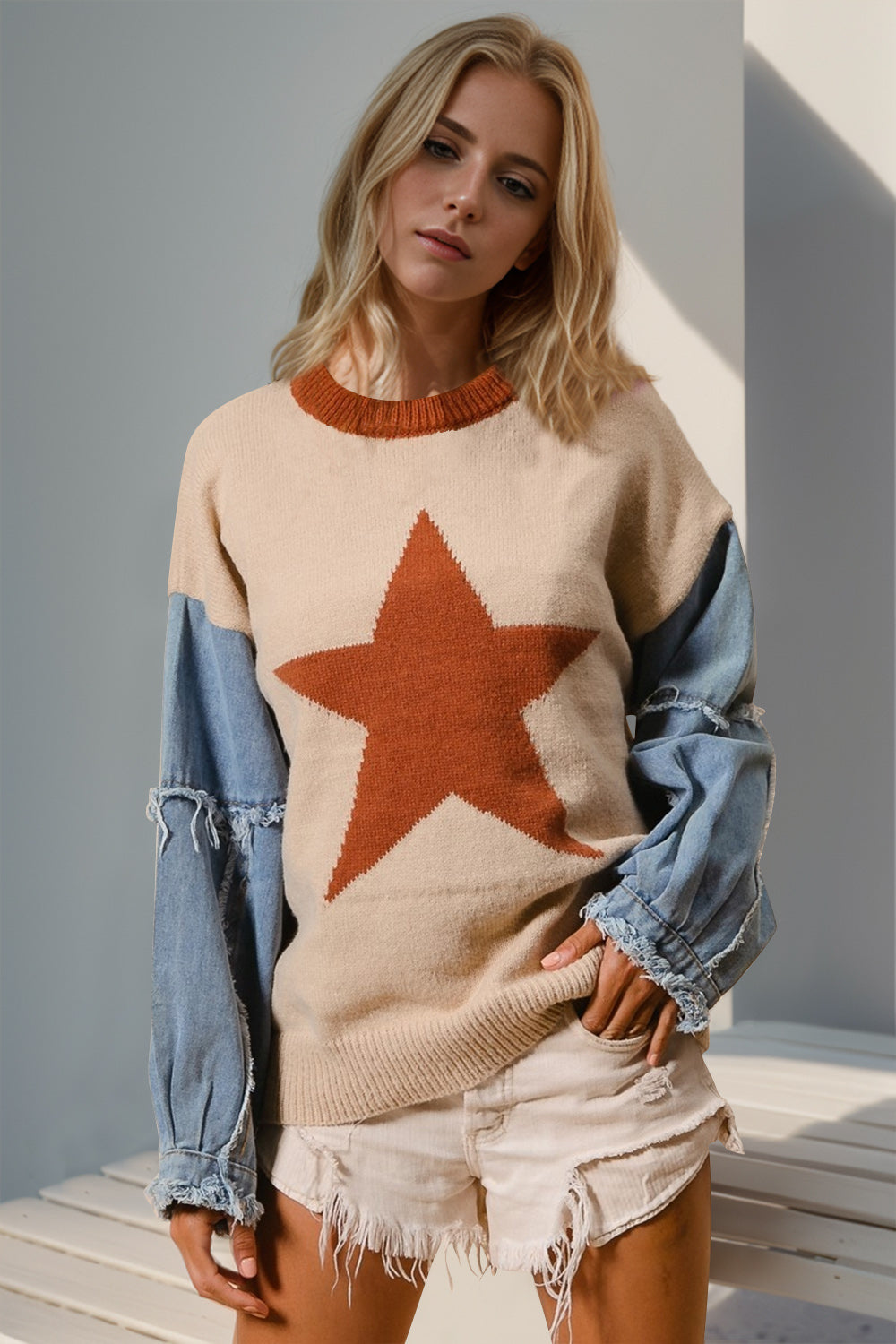 Double Take Star Pattern Raw Edge Long Sleeve Sweater