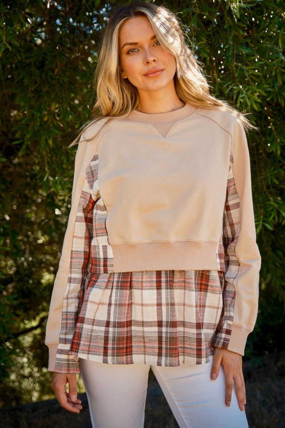 And The Why Double Layered Plaid Contrast Sweatshirt