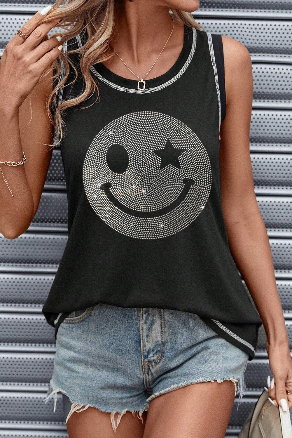 Rhinestone Smile Face Tank