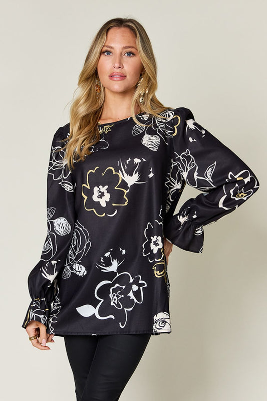 Double Take Printed Flounce Sleeve Blouse