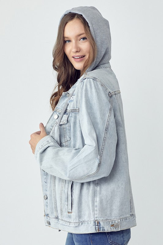 RISEN Distressed Drawstring Hooded Denim Jacket