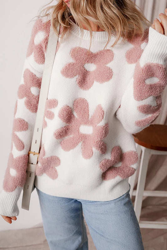 Flower Round Neck Long Sleeve Knit Top