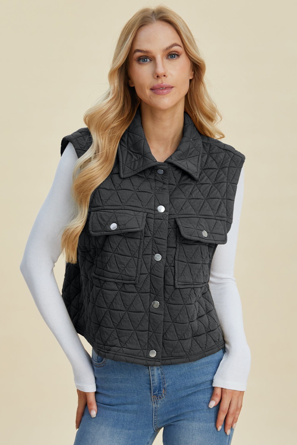 Double Take Pocketed Texture Snap Down Vest