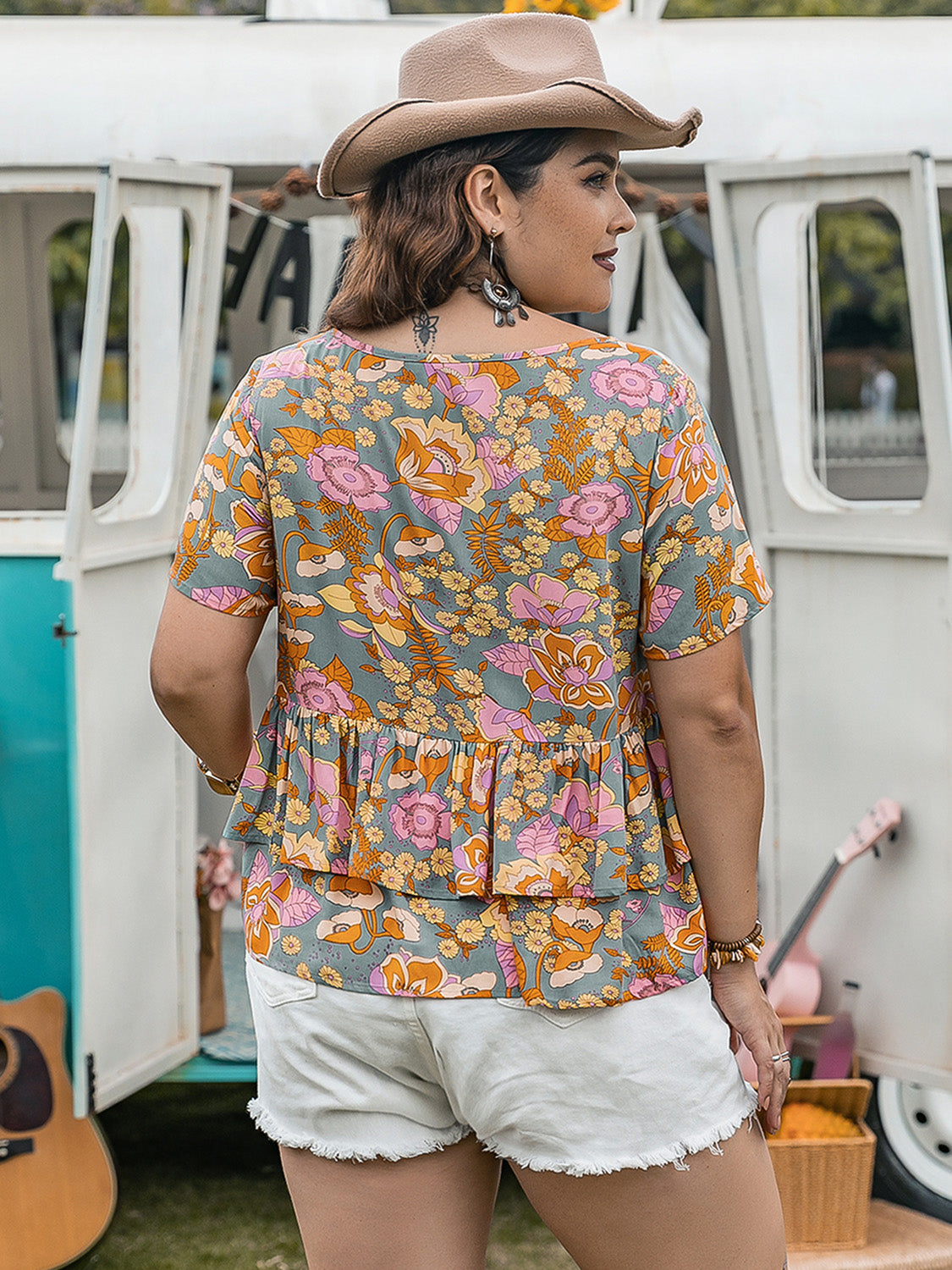 Plus Size Layered Floral Short Sleeve Blouse