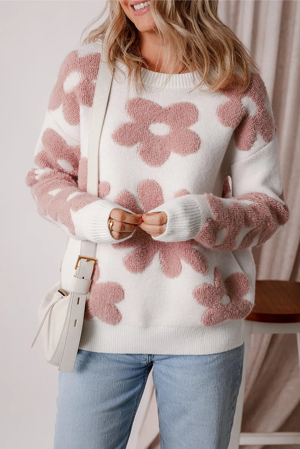 Flower Round Neck Long Sleeve Knit Top