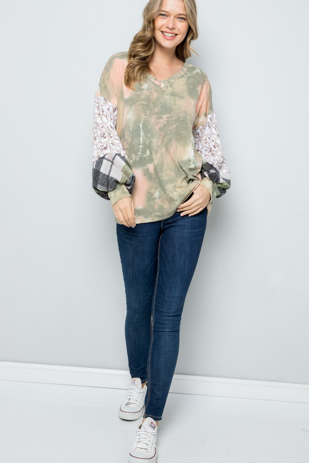 Celeste Tie-Dye V-Neck Printed Sleeve Blouse