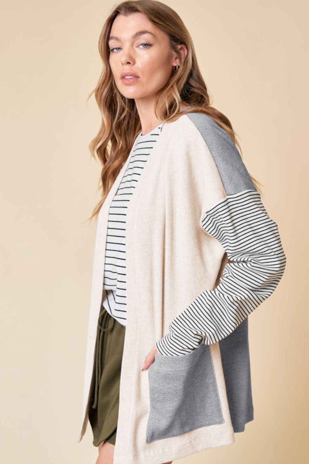 Open Front Long Sleeve Striped Cardigan with Pockets