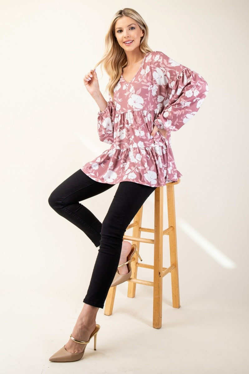 Celeste Tiered Floral V-Neck Long Sleeve Blouse