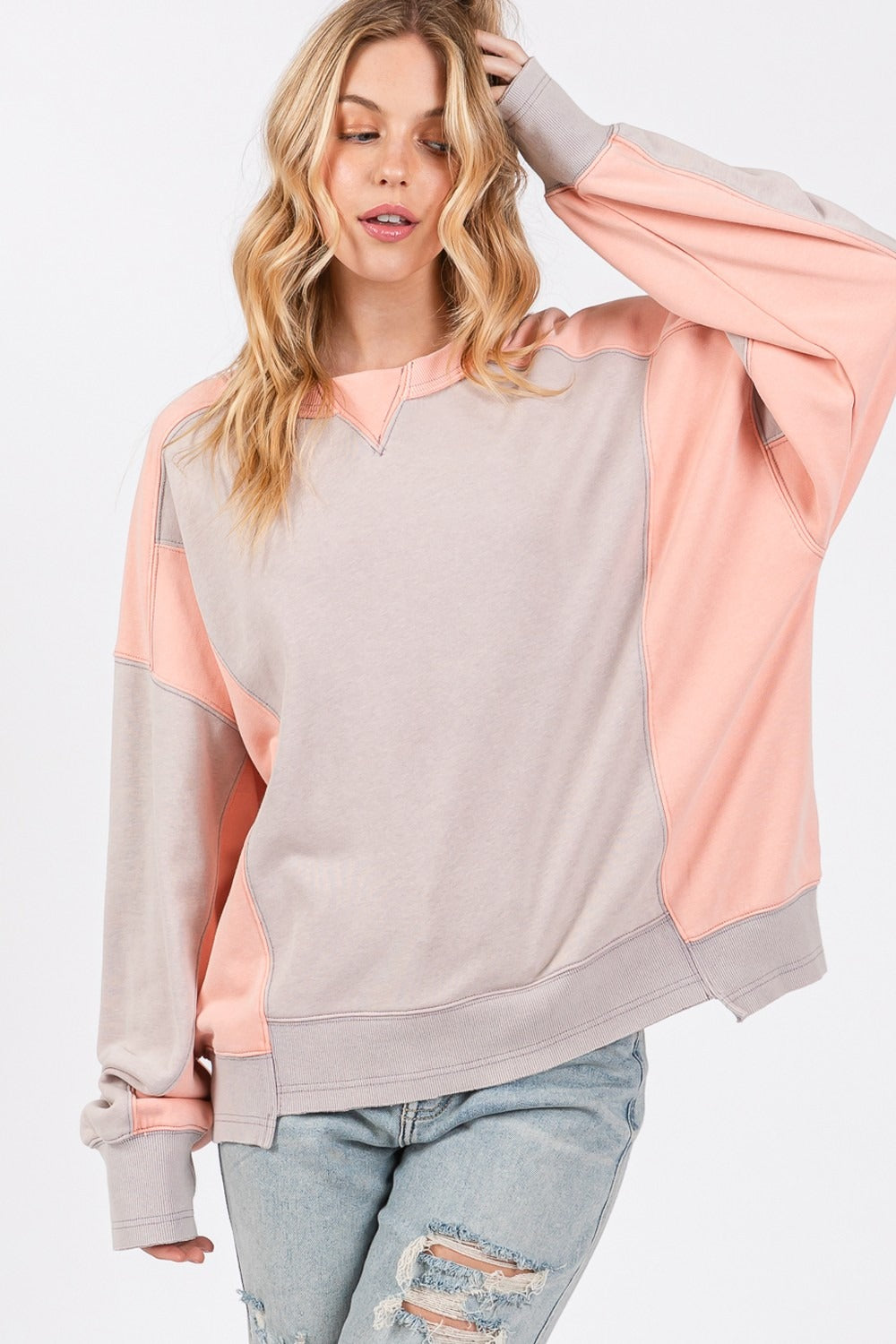 SAGE + FIG Color Block Round Neck Sweatshirt