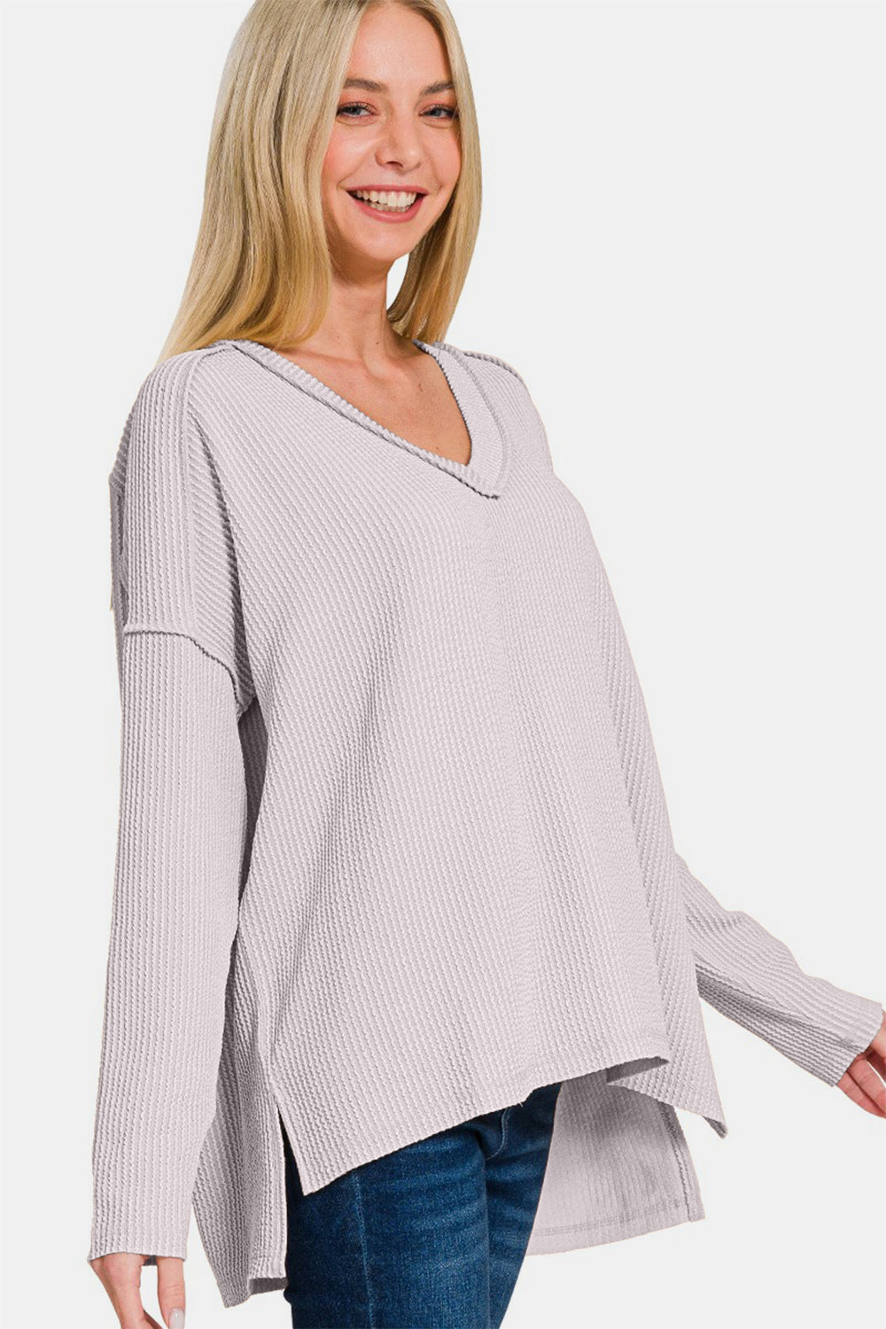 Zenana Texture Exposed Seam V-Neck Long Sleeve T-Shirt