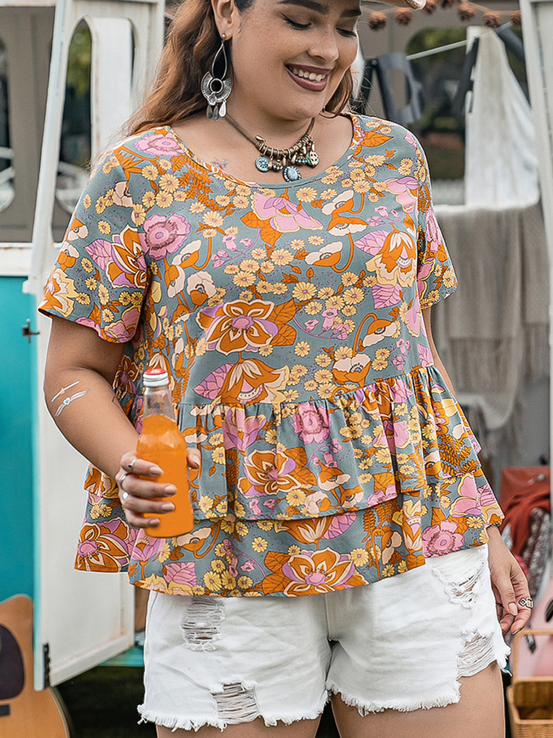 Plus Size Layered Floral Short Sleeve Blouse