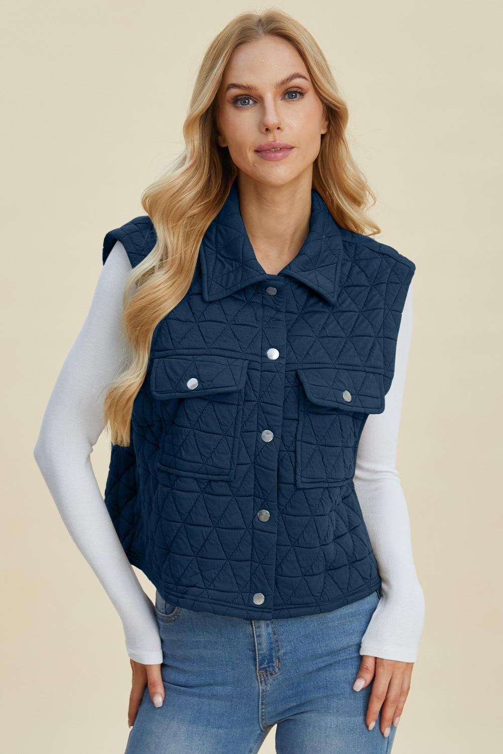 Double Take Pocketed Texture Snap Down Vest