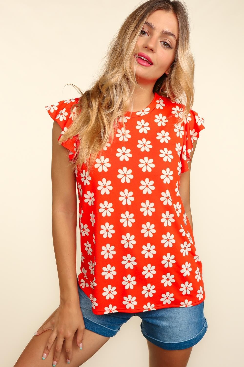 Haptics Ruffled Floral Contrast Knit Top