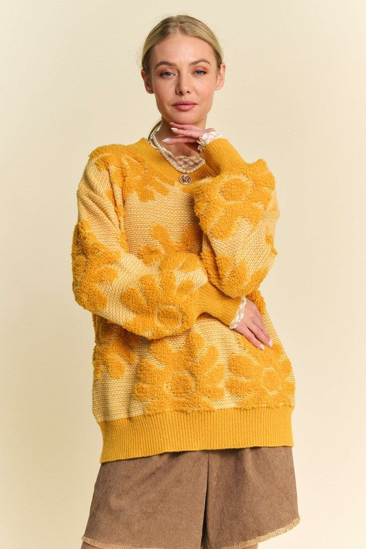 Davi & Dani Flower Texture Dropped Shoulder Sweater