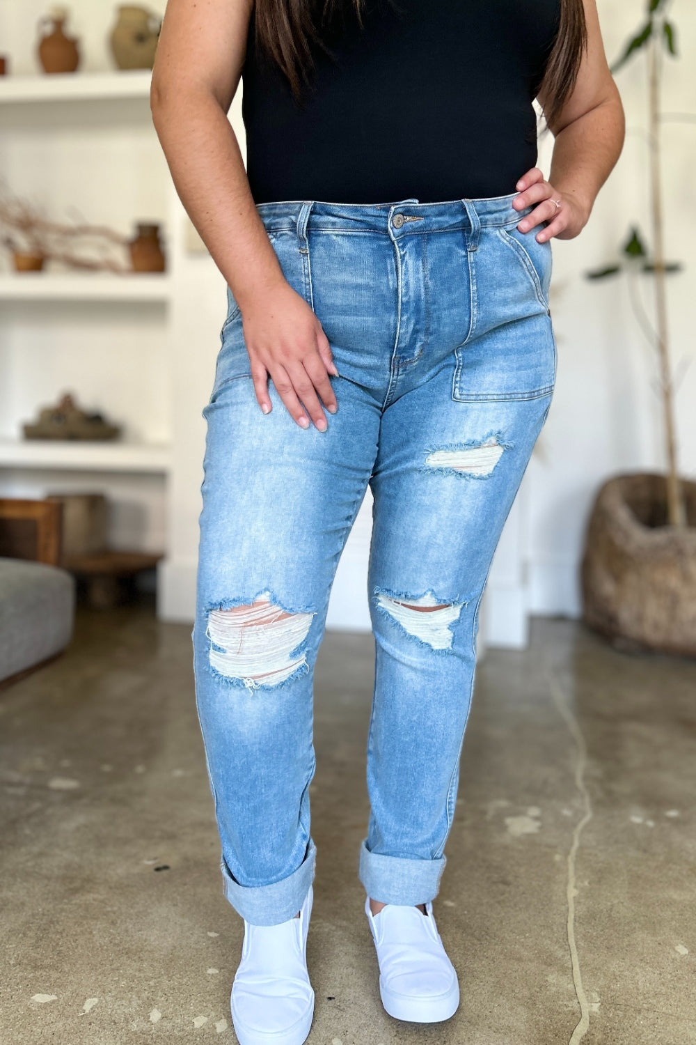 Judy Blue Distressed Straight Jeans with Patch Pockets