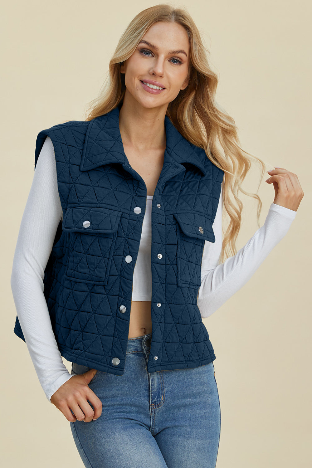 Double Take Pocketed Texture Snap Down Vest