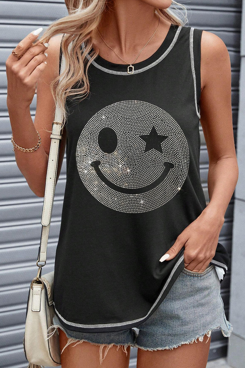 Rhinestone Smile Face Tank