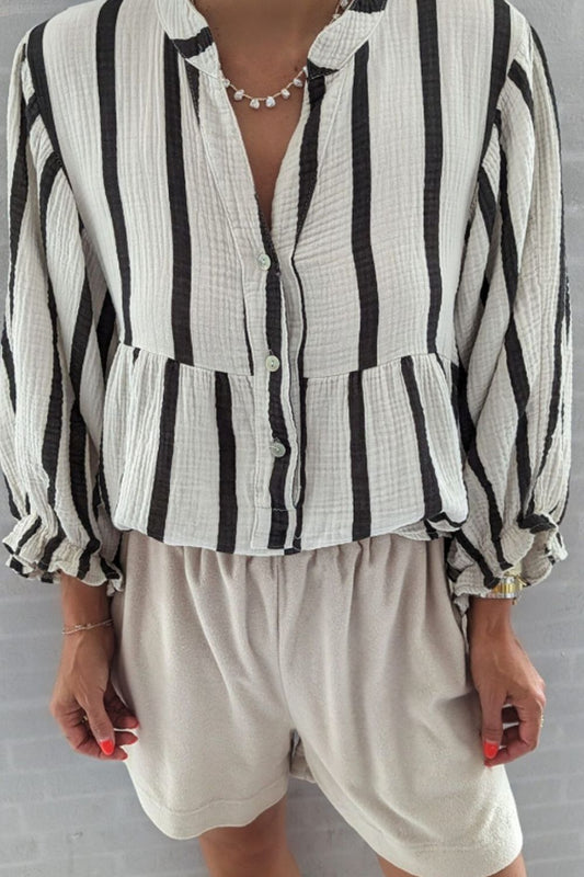 Striped Notched Three-Quarter Sleeve Blouse