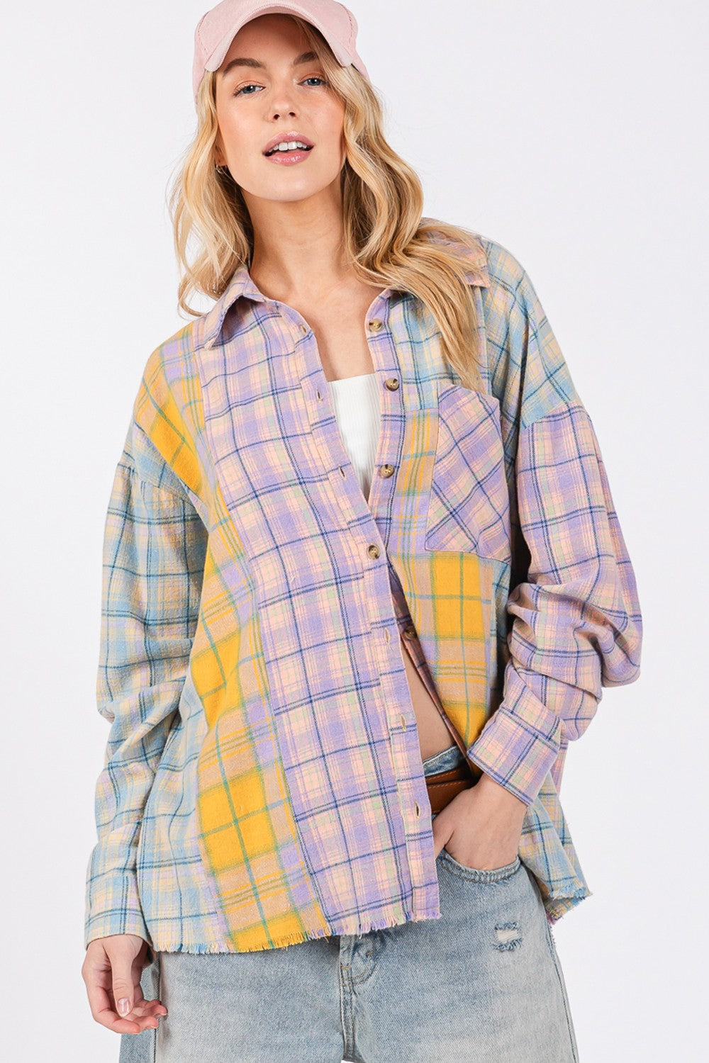 SAGE + FIG Button Up Raw Hem Plaid Flannel Shirt