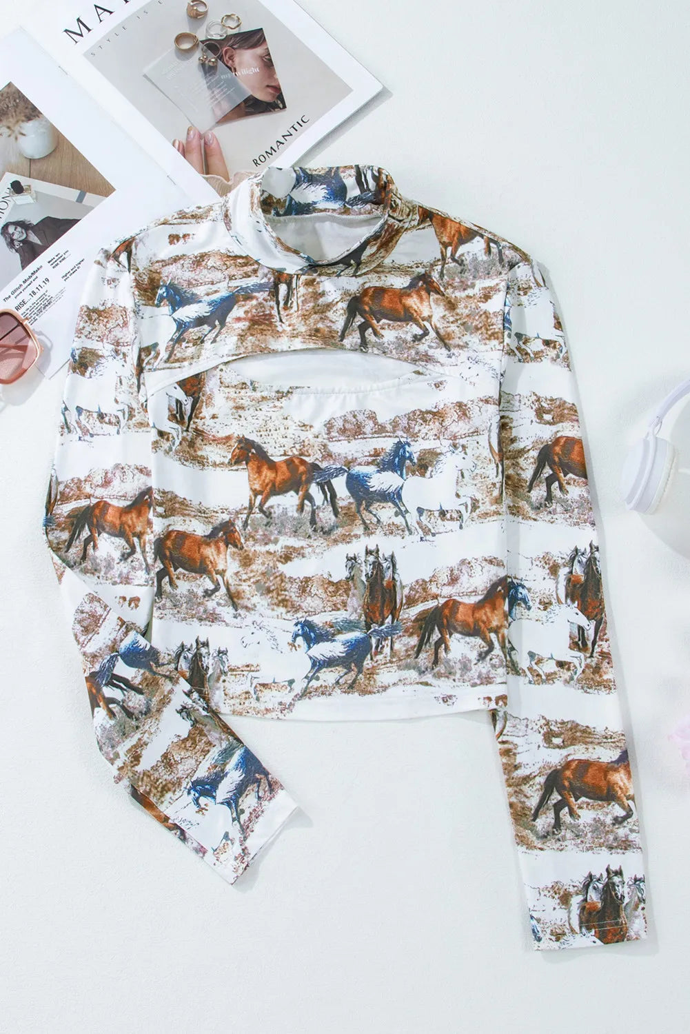 Cutout Horse Printed Mock Neck T-Shirt