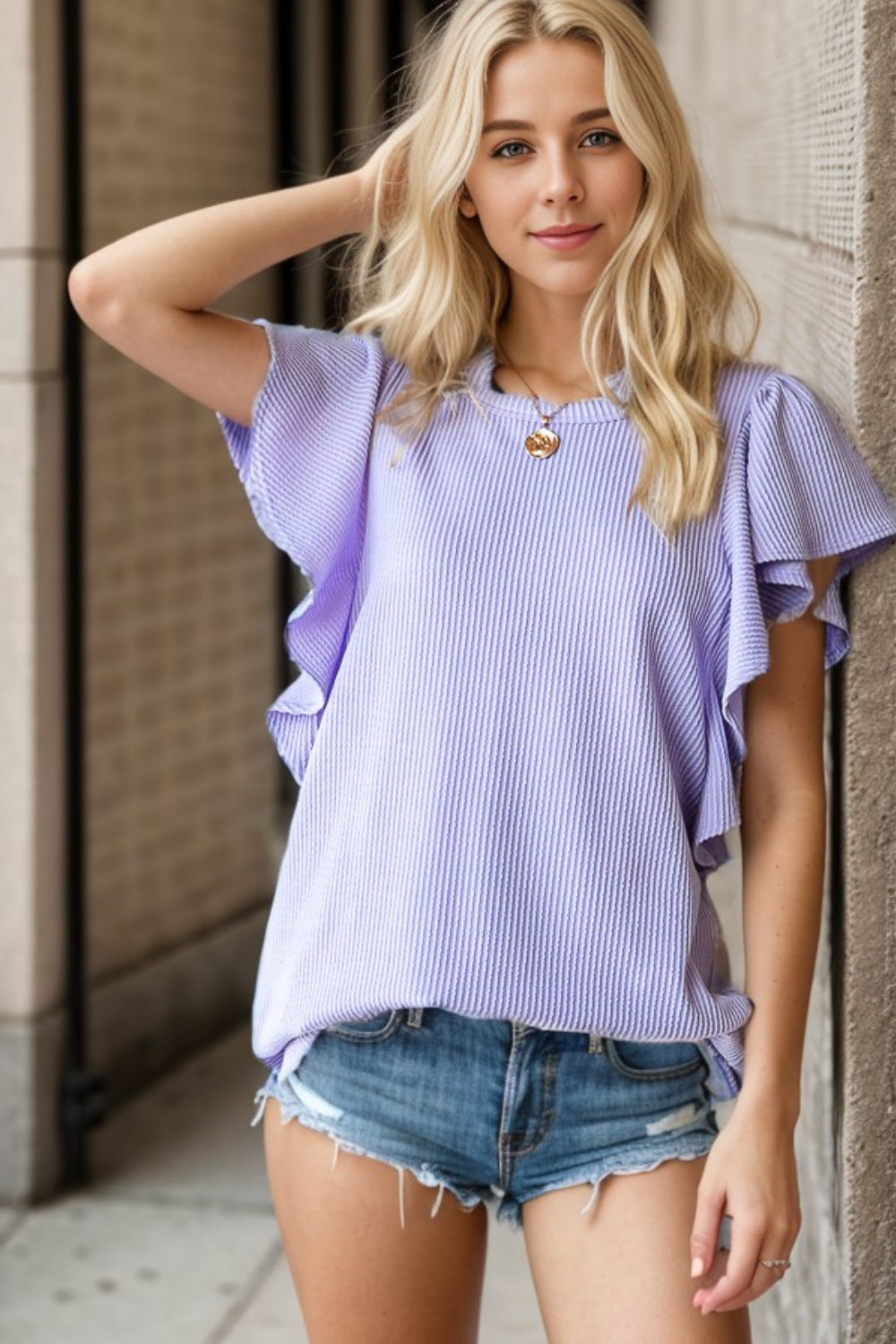 Heimish Ruffled Sleeve Ribbed Top