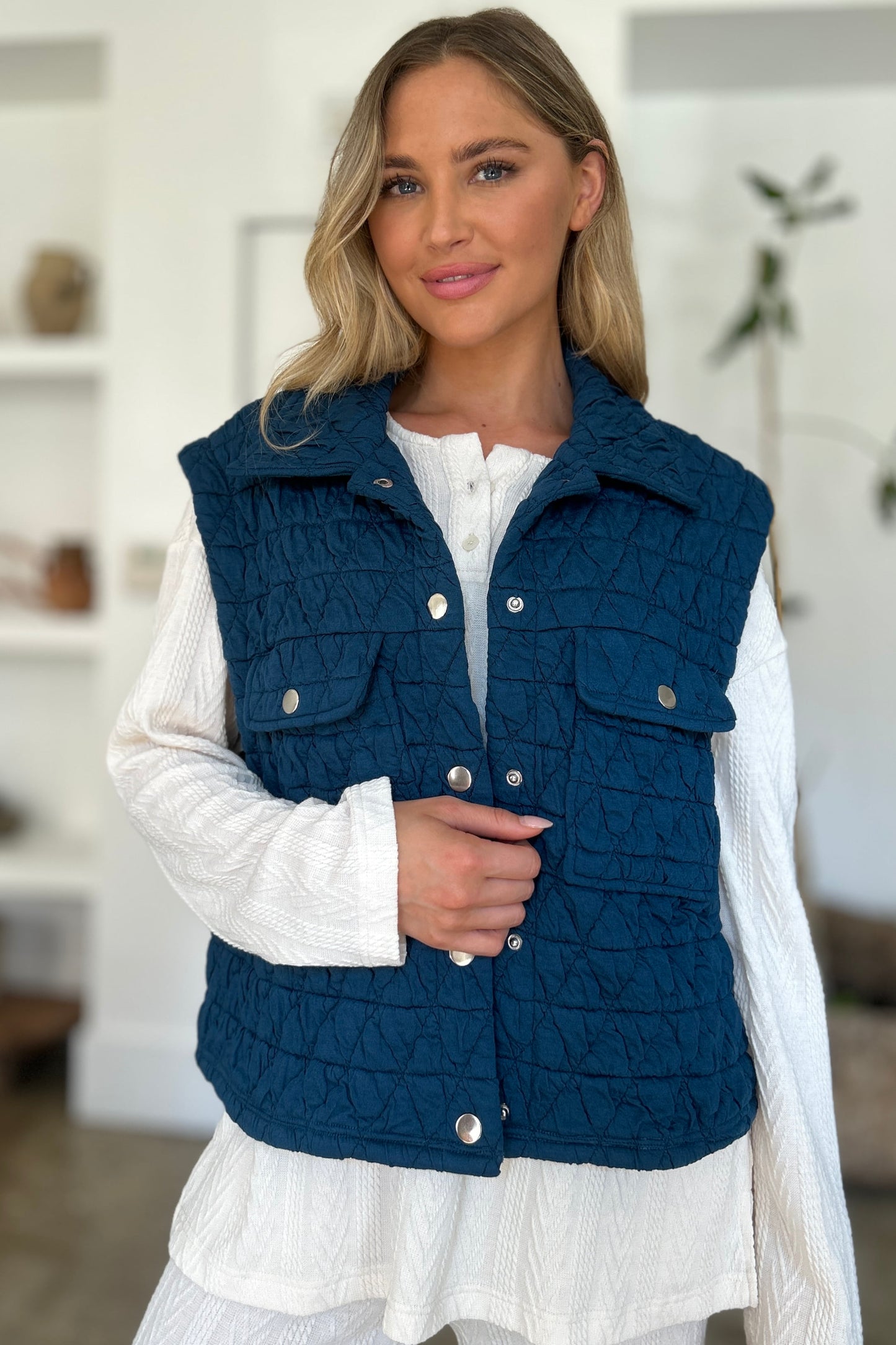 Double Take Pocketed Texture Snap Down Vest