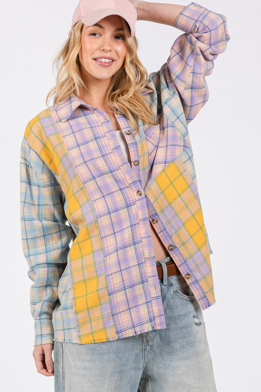 SAGE + FIG Button Up Raw Hem Plaid Flannel Shirt