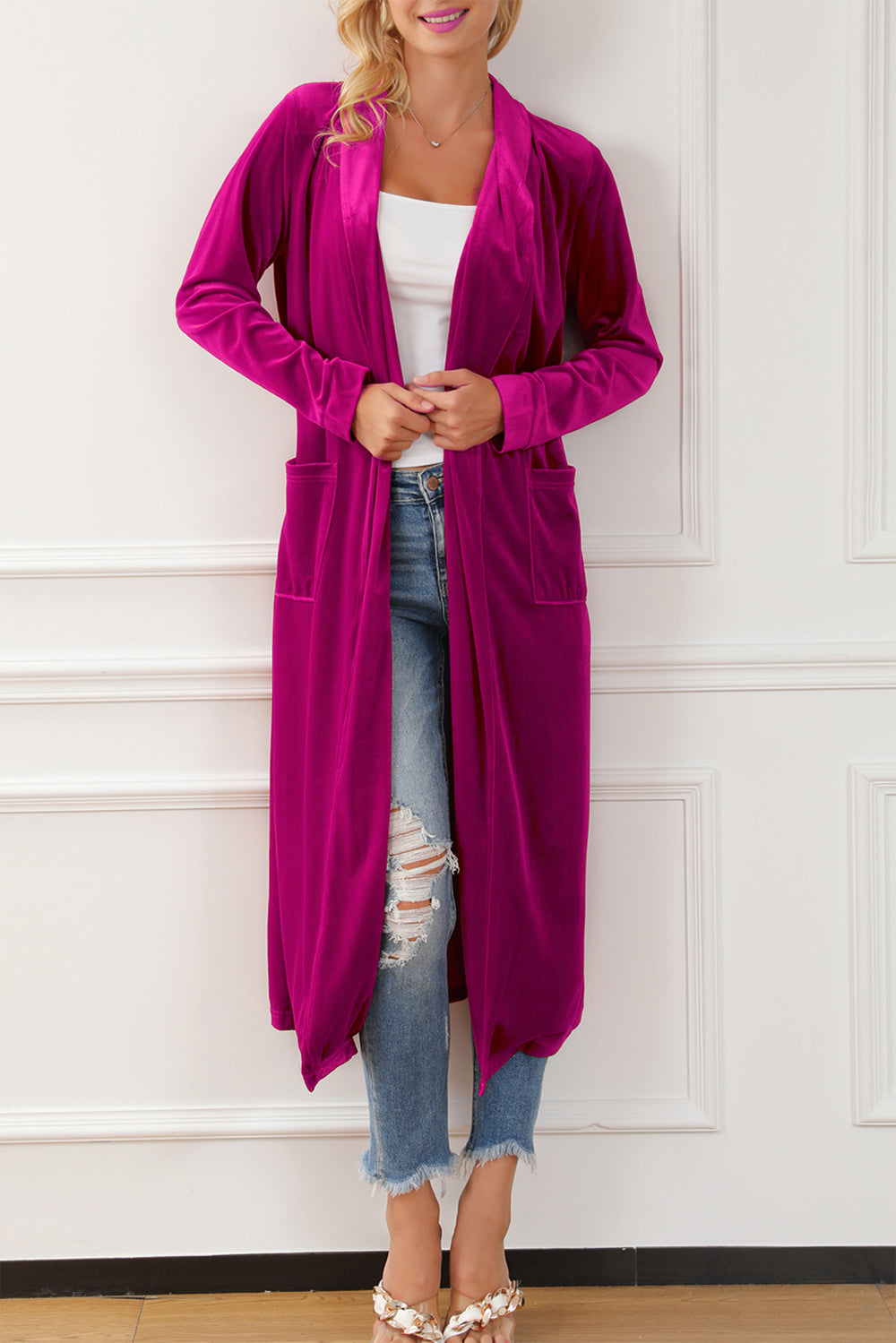 Velveteen Open Front Long Sleeve Cover Up