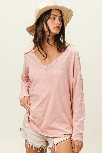 Exposed Seam V-Neck Long Sleeve T-Shirt