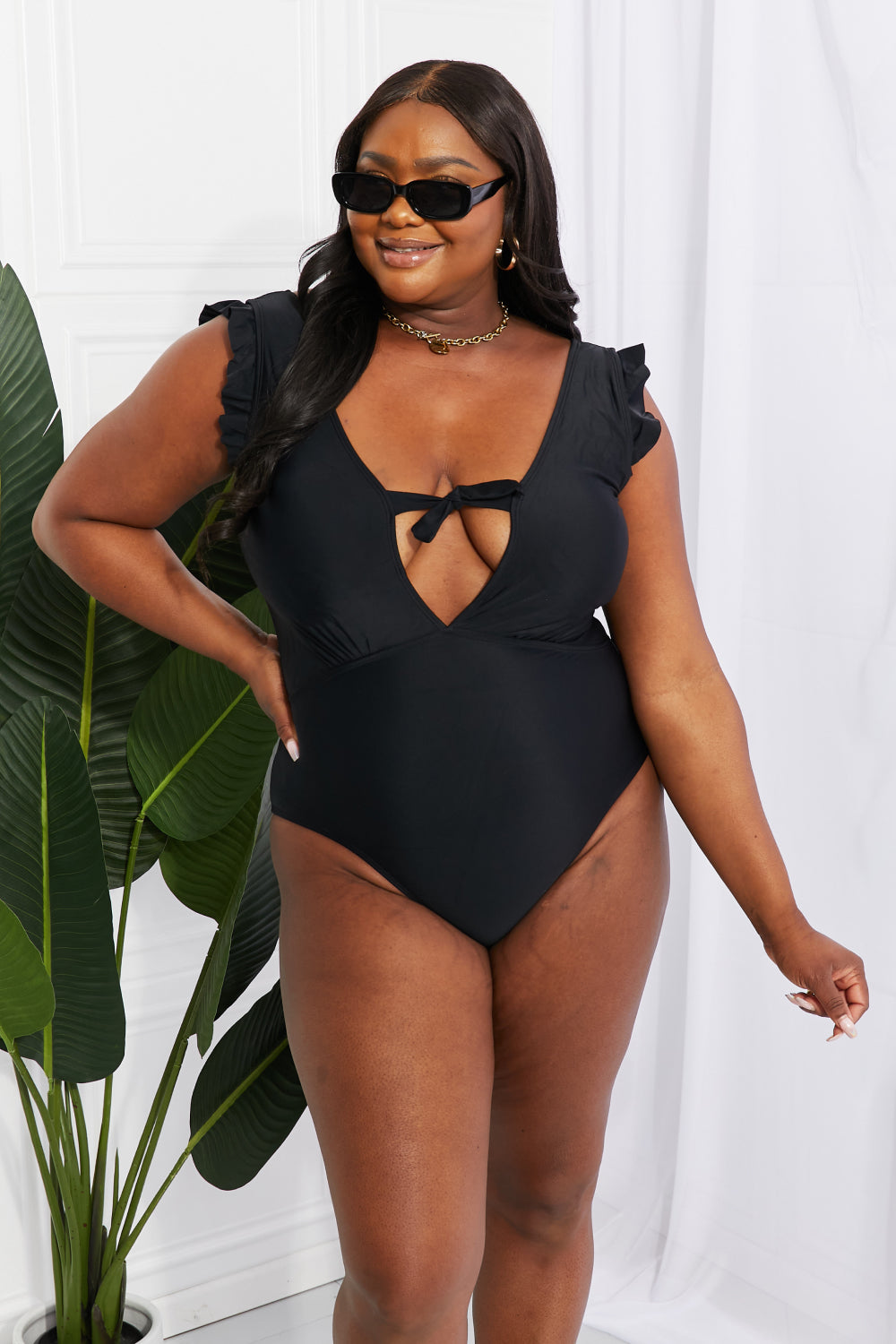 Seashell Ruffle Sleeve One-Piece in Black