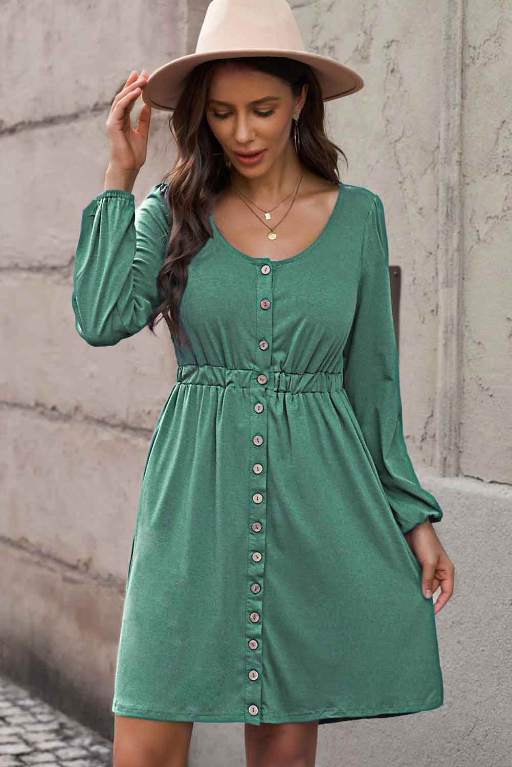 Magic Scoop Neck Empire Waist Long Sleeve Mini Dress