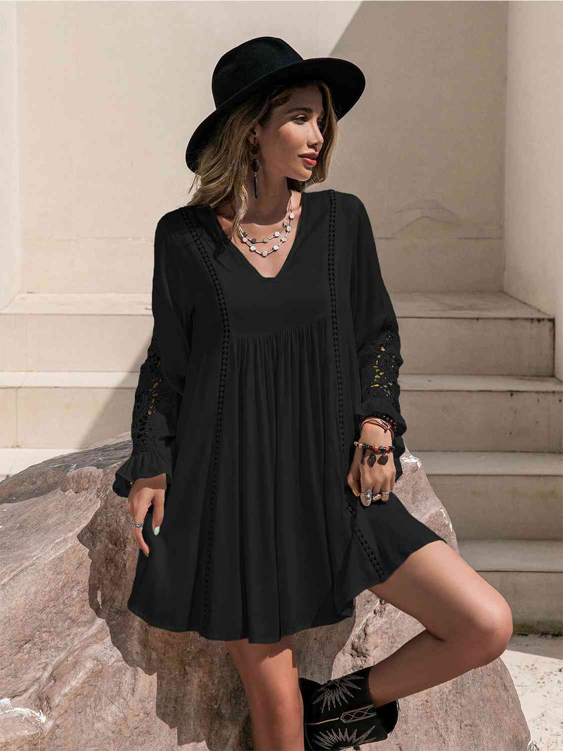 Lace Detail V-Neck Mini Dress