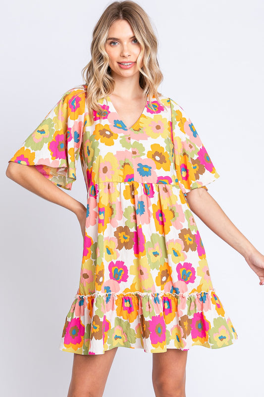 GeeGee Floral V-Neck Ruffle Trim Mini Dress