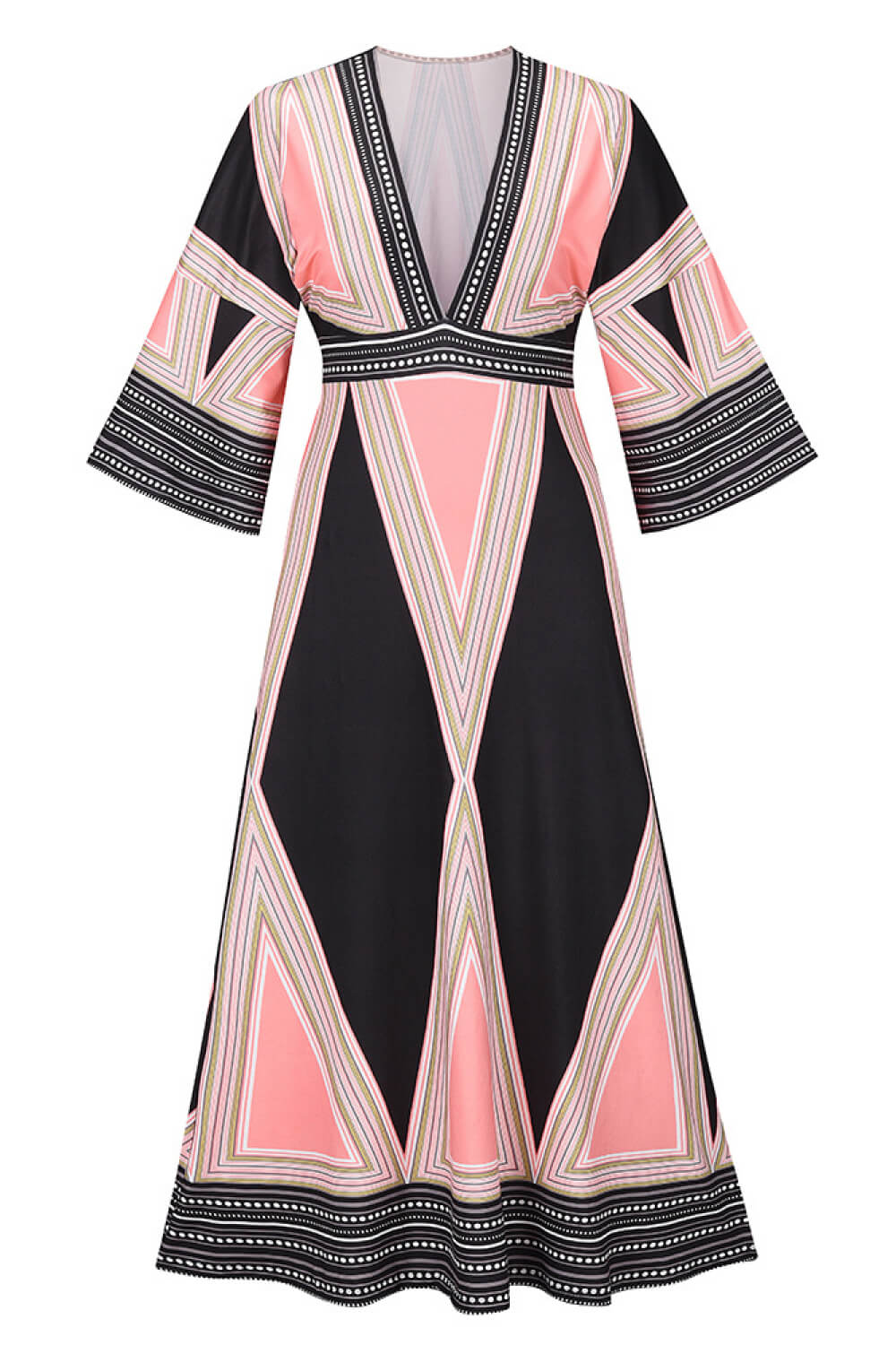 Geometric Print Plunge Bell Sleeve Maxi Dress