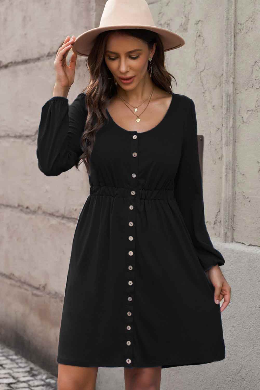 Magic Scoop Neck Empire Waist Long Sleeve Mini Dress